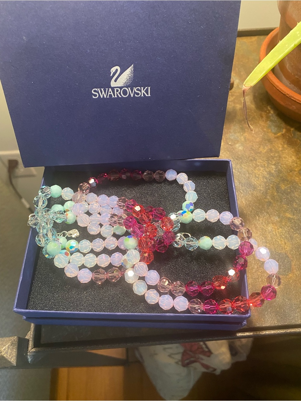 Swarovski Iridescent Pink, Red and mint green  Crystal Bead Bracelets